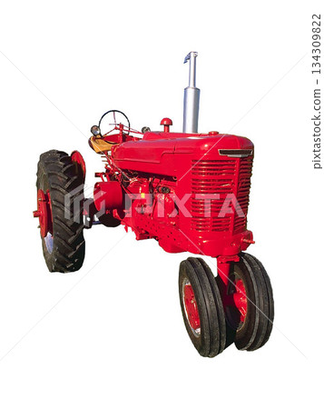 a classic red tractor with black tires, a silver exhaust stack a classic red tractor with black tires, a silver exhaust stack 134309822