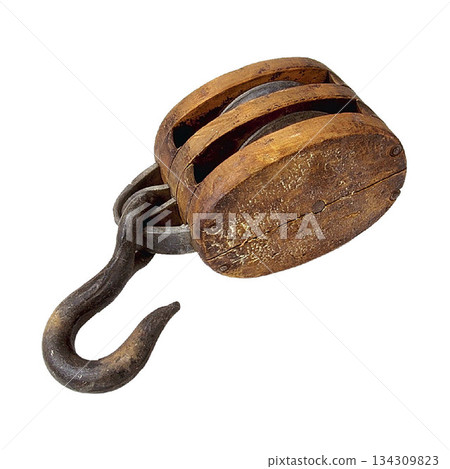 A realistic image of a weathered wooden pulley block with three sheaves 134309823