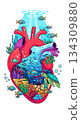 Ocean ecosystem and coral reef in the shape of a heart, illustration of marine conservation and environmental issues 134309880