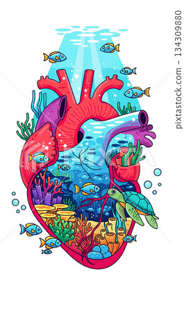 Ocean ecosystem and coral reef in the shape of a heart, illustration of marine conservation and environmental issues 134309880