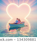 Couple on a boat and a heart-shaped sun, 3D illustration of romantic love and marriage 134309881