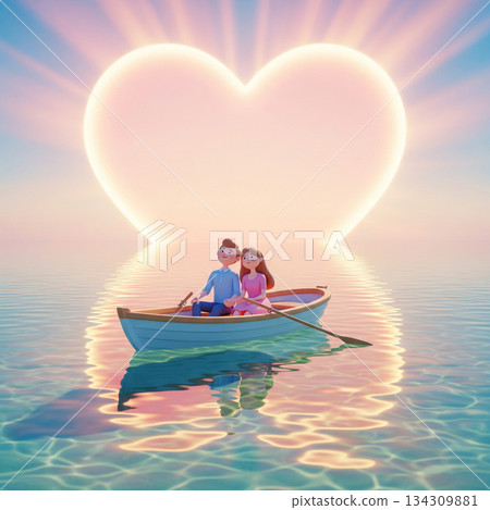 Couple on a boat and a heart-shaped sun, 3D illustration of romantic love and marriage 134309881