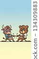Bull and bear playing tug of war between bull and bear, stock market and investment competition illustration 134309883
