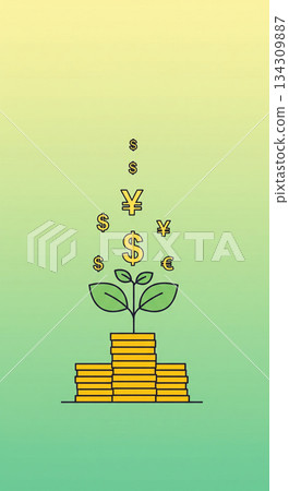 Plants growing from piles of coins and currency symbols raining, global economy and foreign exchange 134309887