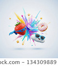 3D explosion of summer items and donuts, fun party and pop art background 134309889