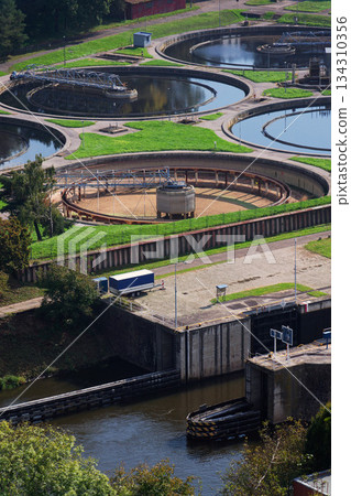 Sewage water treatment plant, storage tanks, water shortage and global warming concept, aerial view 134310356