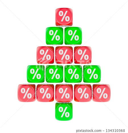 Percent symbol cubes arranged as Christmas tree. 3D rendering Percent symbol cubes arranged as Christmas tree. 3D rendering 134310368