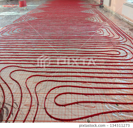 laid water-heated floor pipes in a large room laid water-heated floor pipes in a large room 134311273
