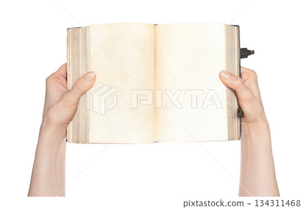 Hands holding an open ancient book with blank pages, isolated on transparent background. Ideal for education, history, literature, archival, and vintage-themed projects 134311468