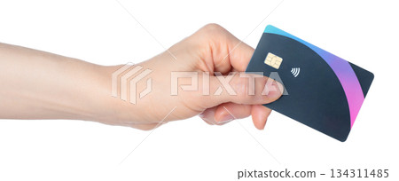 Hand holding a bank card with a chip, isolated on transparent background. Ideal for finance, payment, banking, digital transactions, and security-themed projects 134311485