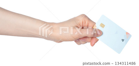 Hand holding a bank card with a chip, isolated on transparent background. Ideal for finance, payment, banking, digital transactions, and security-themed projects 134311486