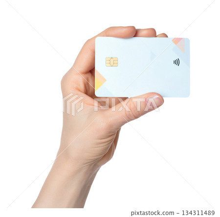 Hand holding a bank card with a chip, isolated on transparent background. Ideal for finance, payment, banking, digital transactions, and security-themed projects Hand holding a bank card with a chip, isolated on transparent background. Ideal for finance, payment, banking, digital transactions, and security-themed projects 134311489