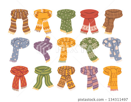 Set of warm winter scarves hand drawn cold weather seasonal fashion garment vector illustration Set of warm winter scarves hand drawn cold weather seasonal fashion garment vector illustration 134311497