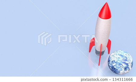 Colorful Rocket beside Earth Globe on Soft Blue Background 3d render. 134311666