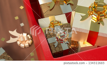 Luxury Holiday Gift Boxes in Festive Display 3d render. Luxury Holiday Gift Boxes in Festive Display 3d render. 134311683