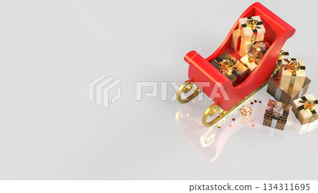 Red Christmas Sleigh Overflowing with Golden Gifts 3d render. Red Christmas Sleigh Overflowing with Golden Gifts 3d render. 134311695