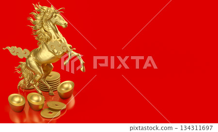 Golden Rearing Horse with Chinese Wealth Symbols on Red 3d render. 134311697