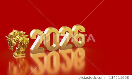 Golden Horse Head with Bold 2026 Text on Red Background 3d render 134311698