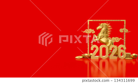 Golden Rearing Horse with 2026 Lunar New Year Elements 3d render. Golden Rearing Horse with 2026 Lunar New Year Elements 3d render. 134311699
