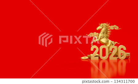 Golden Horse and 2026 Lunar New Year Prosperity Scene 3d render. Golden Horse and 2026 Lunar New Year Prosperity Scene 3d render. 134311700