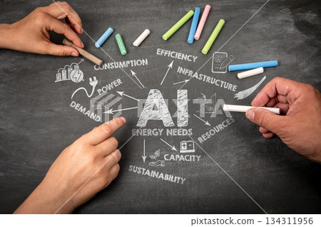 Chalkboard Illustration of AI Energy Needs with Hands Holding Colored Chalk Chalkboard Illustration of AI Energy Needs with Hands Holding Colored Chalk 134311956