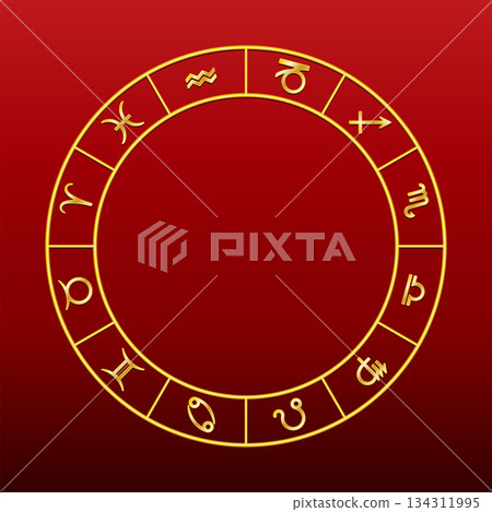 Golden zodiac wheel, over red, showing 12 signs used in horoscopic astrology. Visual representation of the heavens, a disc divided into 12 equal sized fields, with symbols of the zodiac signs. Vector 134311995