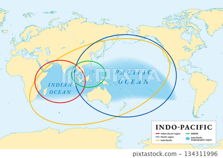 Indo-Pacific, map of a geographic and geopolitical region highlighted in yellow, comprising the tropical waters of the northern Indian Ocean in red, and western and central Pacific Ocean in dark blue. 134311996