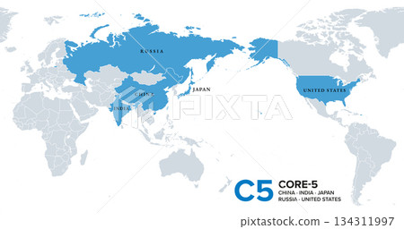 C5, Core-5 bloc, political map of an international forum, including the countries China, India, Japan, Russia, and United States, as a contrast to such groups as the G7. Isolated illustration. Vector 134311997