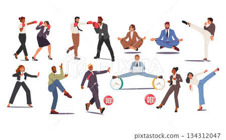 Diverse professionals businesspeople characters engaging in martial arts and mindfulness poses Diverse professionals businesspeople characters engaging in martial arts and mindfulness poses 134312047