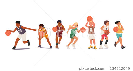 Children cartoon character in uniform playing basketball enjoying professional sports activity set Children cartoon character in uniform playing basketball enjoying professional sports activity set 134312049