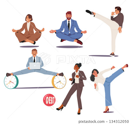 Diverse business people cartoon character meditating in levitation, making karate kick isolated set 134312050