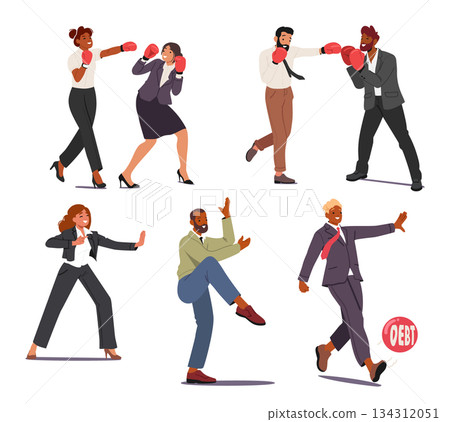 Diverse business people cartoon character making karate kick and punch, boxing, pushing debt ball 134312051