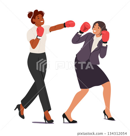 Two professional businesswomen actively sparring in red boxing gloves isolated on white background Two professional businesswomen actively sparring in red boxing gloves isolated on white background 134312054