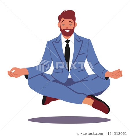 Businessman cartoon character levitating in meditation pose finding peace amid business pressure Businessman cartoon character levitating in meditation pose finding peace amid business pressure 134312061