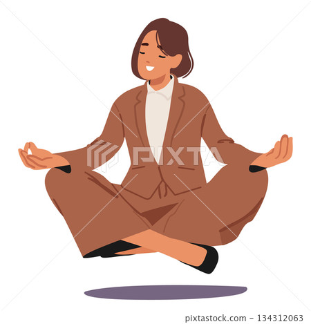 Businesswoman character enjoying meditation for stress relief in levitation pose isolated on white Businesswoman character enjoying meditation for stress relief in levitation pose isolated on white 134312063