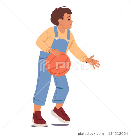 Little boy child cartoon character actively playing with basketball ball practicing skills Little boy child cartoon character actively playing with basketball ball practicing skills 134312064