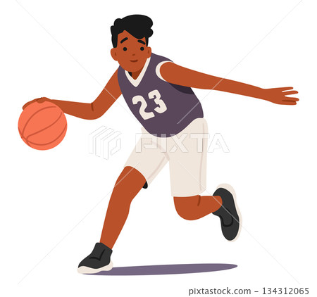 Preteen boy basketball player isolated cartoon character wearing uniform dribbling ball playing game Preteen boy basketball player isolated cartoon character wearing uniform dribbling ball playing game 134312065