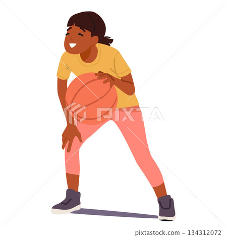 Happy enthusiastic girl child cartoon character dribbling ball preparing for pass playing basketball 134312072