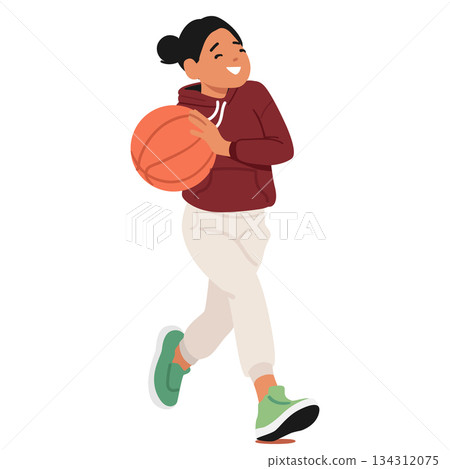 Cute sportive girl kid cartoon character holding basketball ball in hands running fast playing game Cute sportive girl kid cartoon character holding basketball ball in hands running fast playing game 134312075