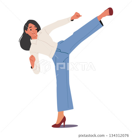 Young businesswoman cartoon character making karate kick with leg isolated on white background 134312076