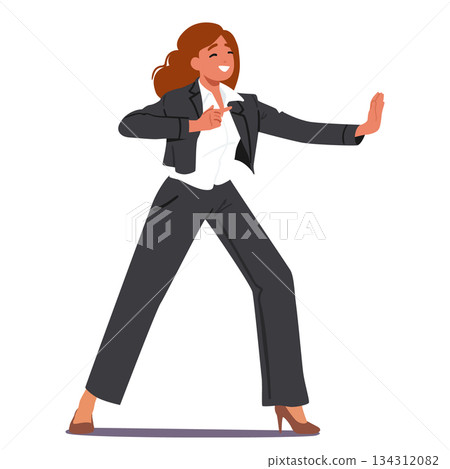 Happy smiling brave businesswoman isolated cartoon character moving arms in confident karate pose Happy smiling brave businesswoman isolated cartoon character moving arms in confident karate pose 134312082