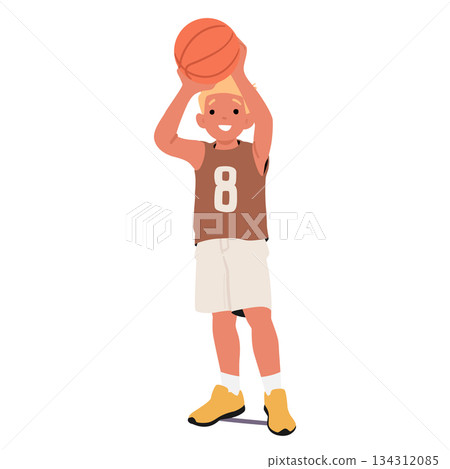 Cute preschool boy child little cartoon character throwing ball over head while playing basketball Cute preschool boy child little cartoon character throwing ball over head while playing basketball 134312085