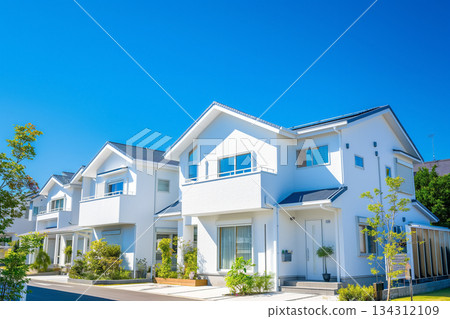 一棟獨立式住宅的外觀,擁有令人印象深刻的白色外牆。 一棟獨立式住宅的外觀,擁有令人印象深刻的白色外牆。 134312109