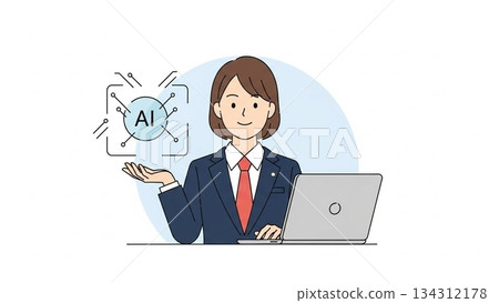 Illustration 2 of a female business person using AI to improve work efficiency. 134312178