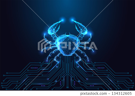 Glowing digital crab on circuit board, futuristic Cancer zodiac symbol vector illustration Glowing digital crab on circuit board, futuristic Cancer zodiac symbol vector illustration 134312605