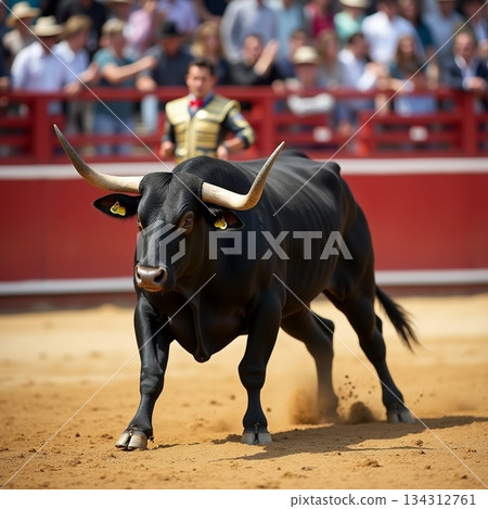 AI generated Energetic bull plunges across sandy ring amid dust clouds and watching 134312761