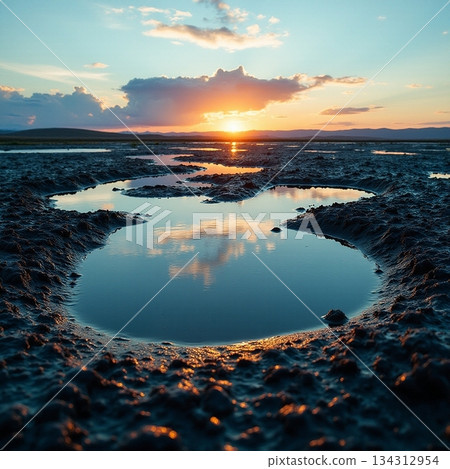 AI generated Serene sunset over calm waters, Quiet shoreline with shimmering tidal AI generated Serene sunset over calm waters, Quiet shoreline with shimmering tidal 134312954