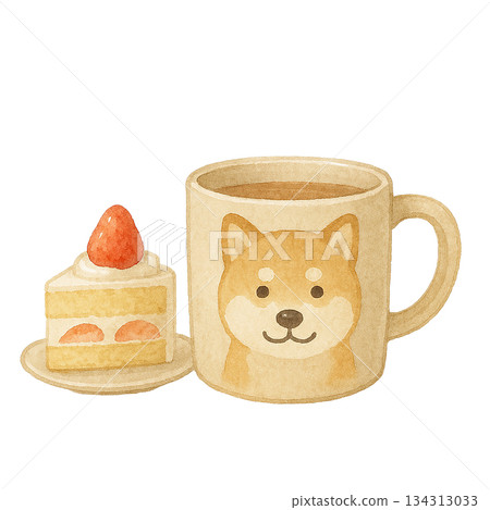 水彩插畫，描繪了秋田犬和草莓蛋糕的馬克杯 134313033