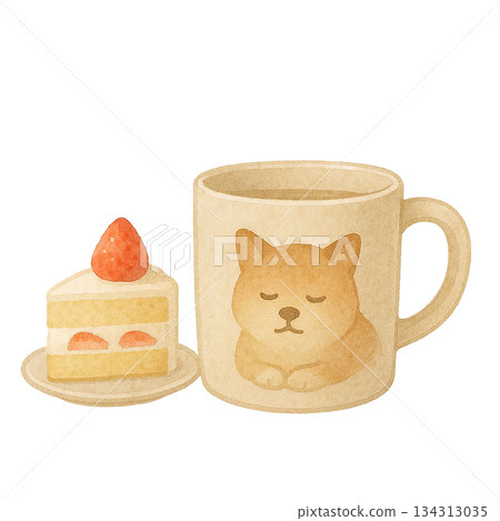 水彩插畫，熟睡的秋田犬，配上草莓蛋糕。 134313035