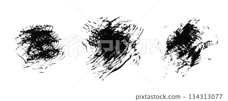 Grunge scribble striped chaotic texture of black ink brush stroke smears set. Artistic vector paintbrush textured shape for texture frame design, angry concept, confusion sign Grunge scribble striped chaotic texture of black ink brush stroke smears set. Artistic vector paintbrush textured shape for texture frame design, angry concept, confusion sign 134313077